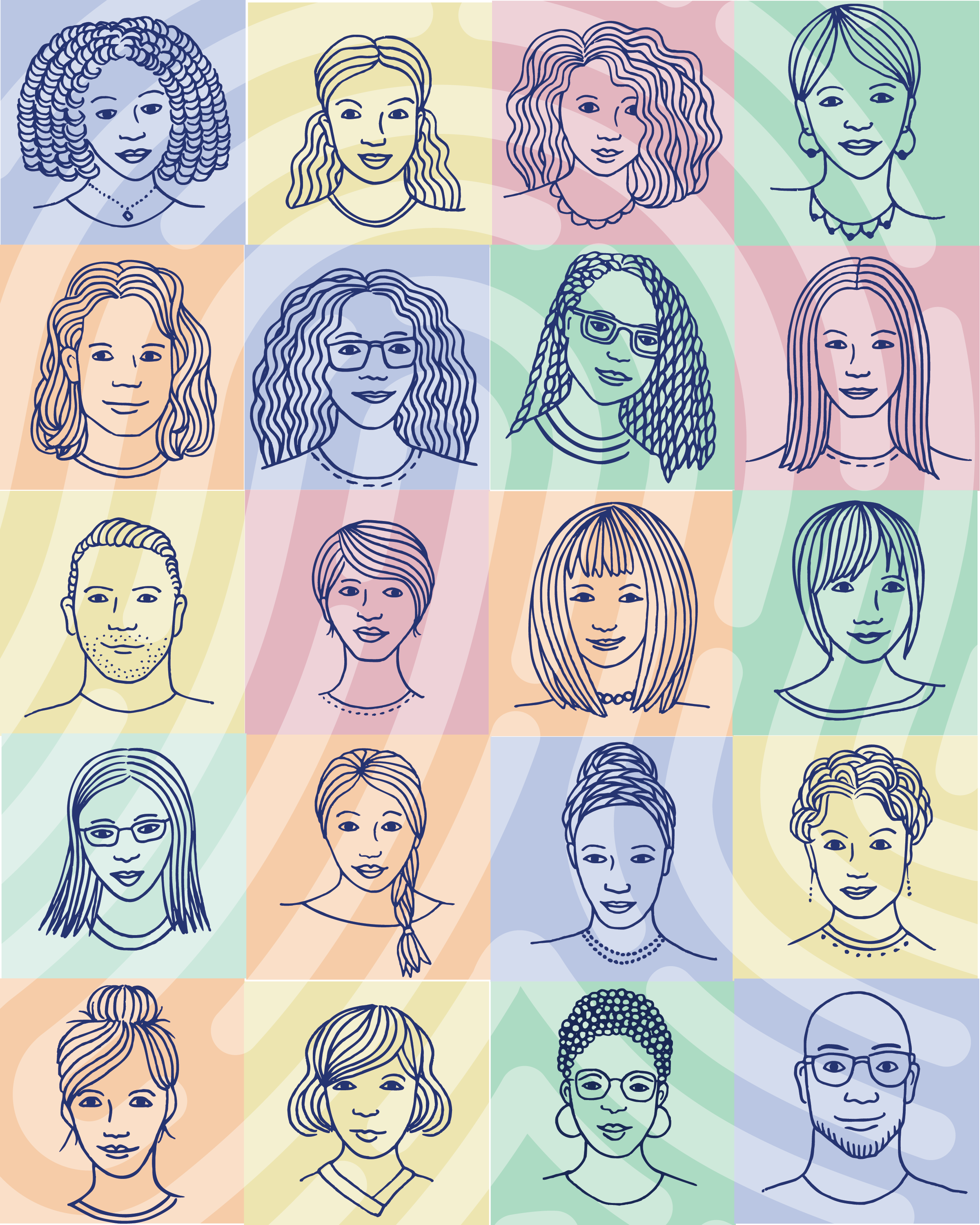 Grid of line drawings of headshots of a diverse group of teachers with pastel backgrounds
