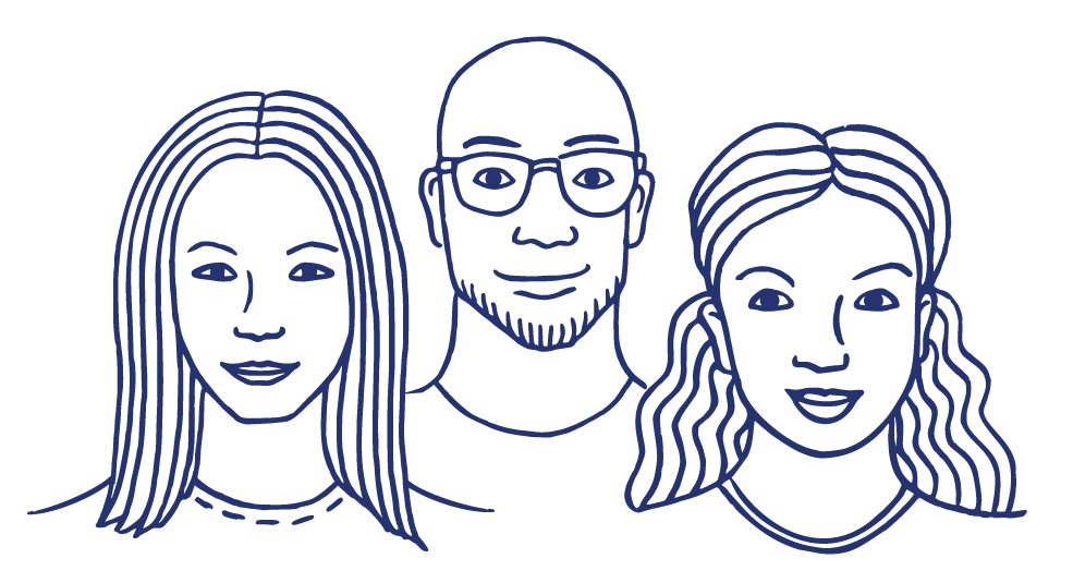 Line drawing illustration of three individuals, two with long hair, one with glasses and a beard.