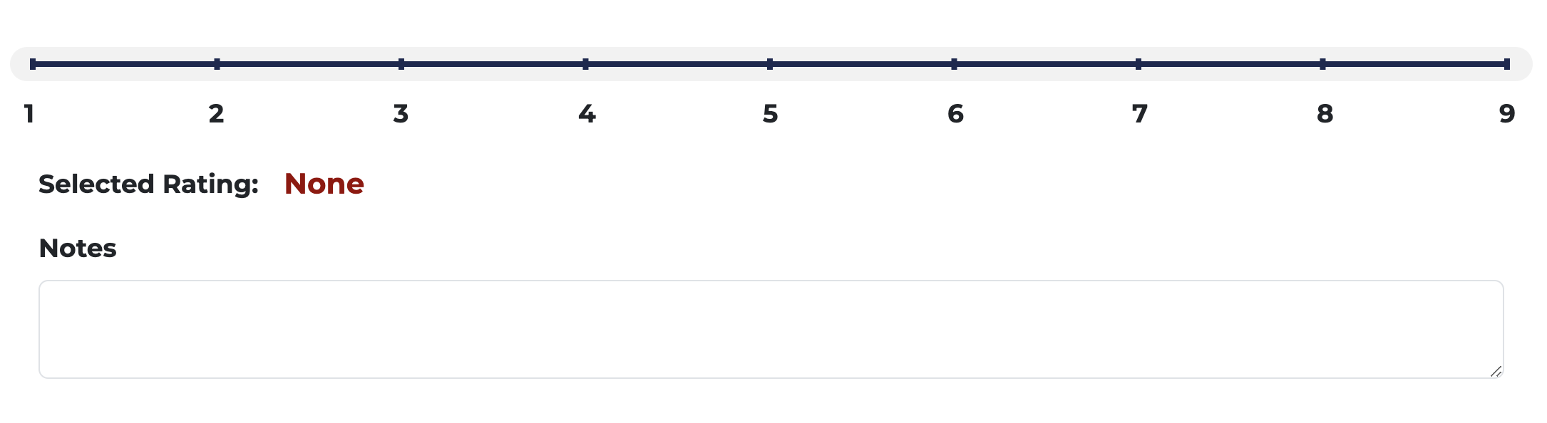 Range slider nine-point scale; Selected Rating: None, and an open-ended text field labeled Notes